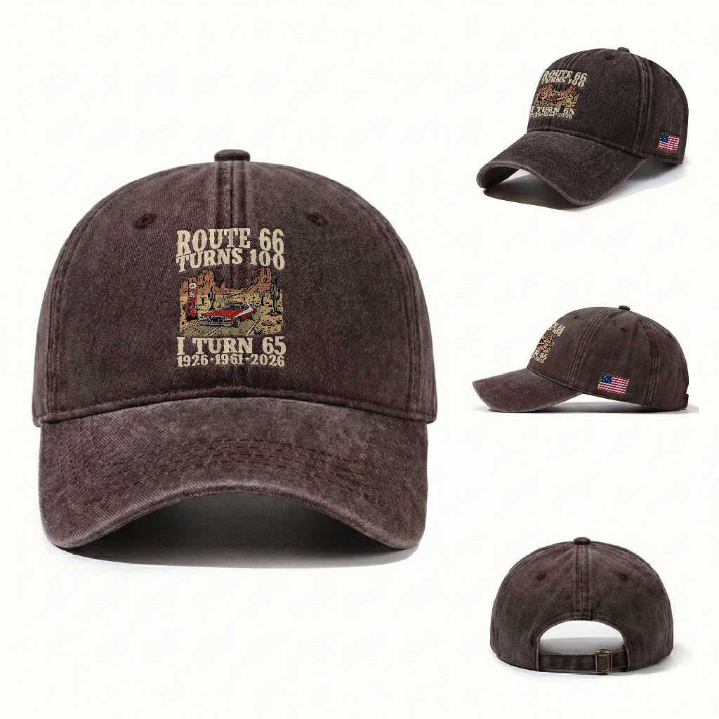Route Highway 66 Turns 100 I Turn 65 Washed Cotton Baseball Cap Vintage 1961 Road Sign American Muscle Car Lover 65th Birthday Gift