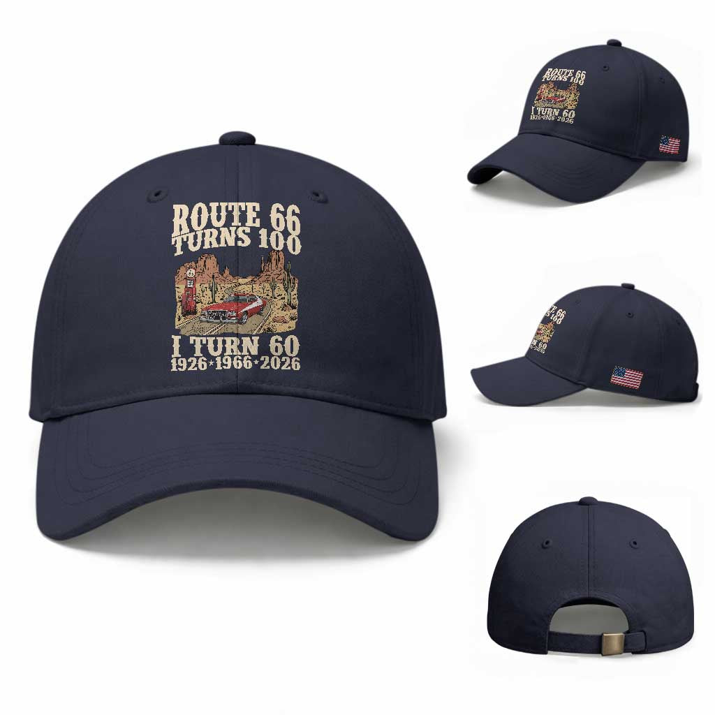 Route Highway 66 Turns 100 I Turn 60 Baseball Cap Vintage 1966 Road Sign American Muscle Car Lover 60th Birthday Gift