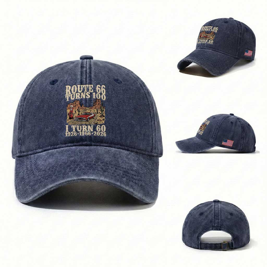 Route Highway 66 Turns 100 I Turn 60 Washed Cotton Baseball Cap Vintage 1966 Road Sign American Muscle Car Lover 60th Birthday Gift