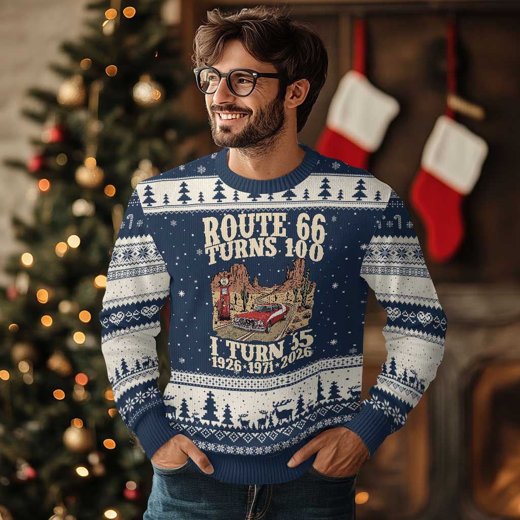 Route Highway 66 Turns 100 I Turn 55 Ugly Christmas Sweater Vintage 1971 Road Sign American Muscle Car Lover 55th Birthday Gift