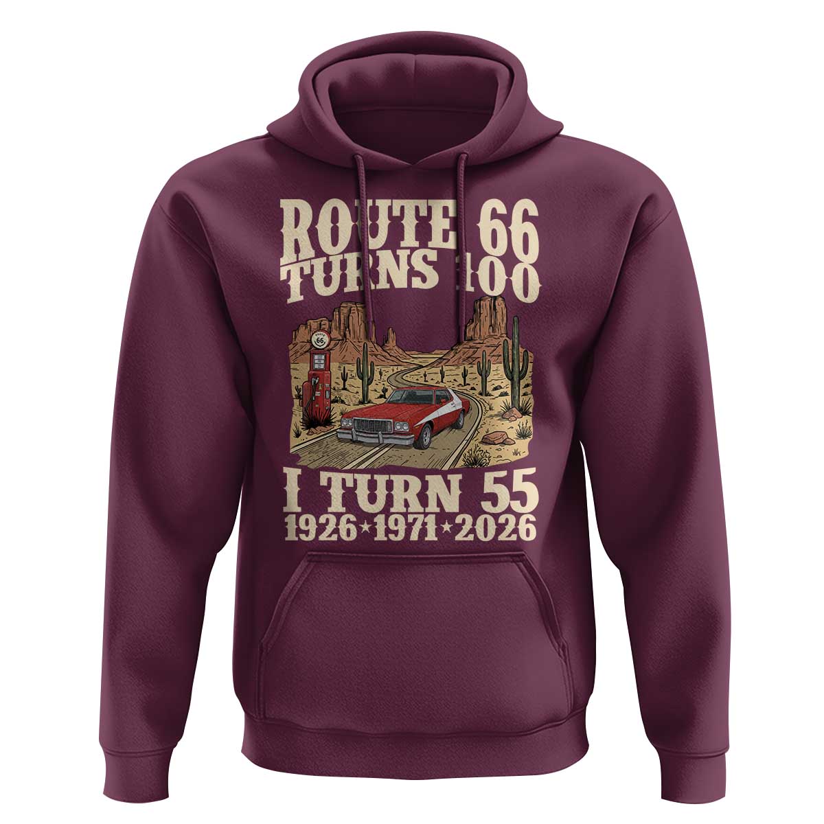 Route Highway 66 Turns 100 I Turn 55 Hoodie Vintage 1971 Road Sign American Muscle Car Lover 55th Birthday Gift