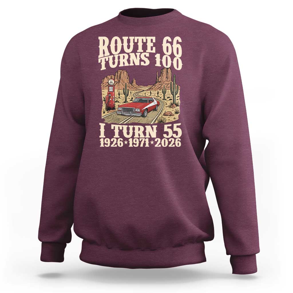 Route Highway 66 Turns 100 I Turn 55 Sweatshirt Vintage 1971 Road Sign American Muscle Car Lover 55th Birthday Gift