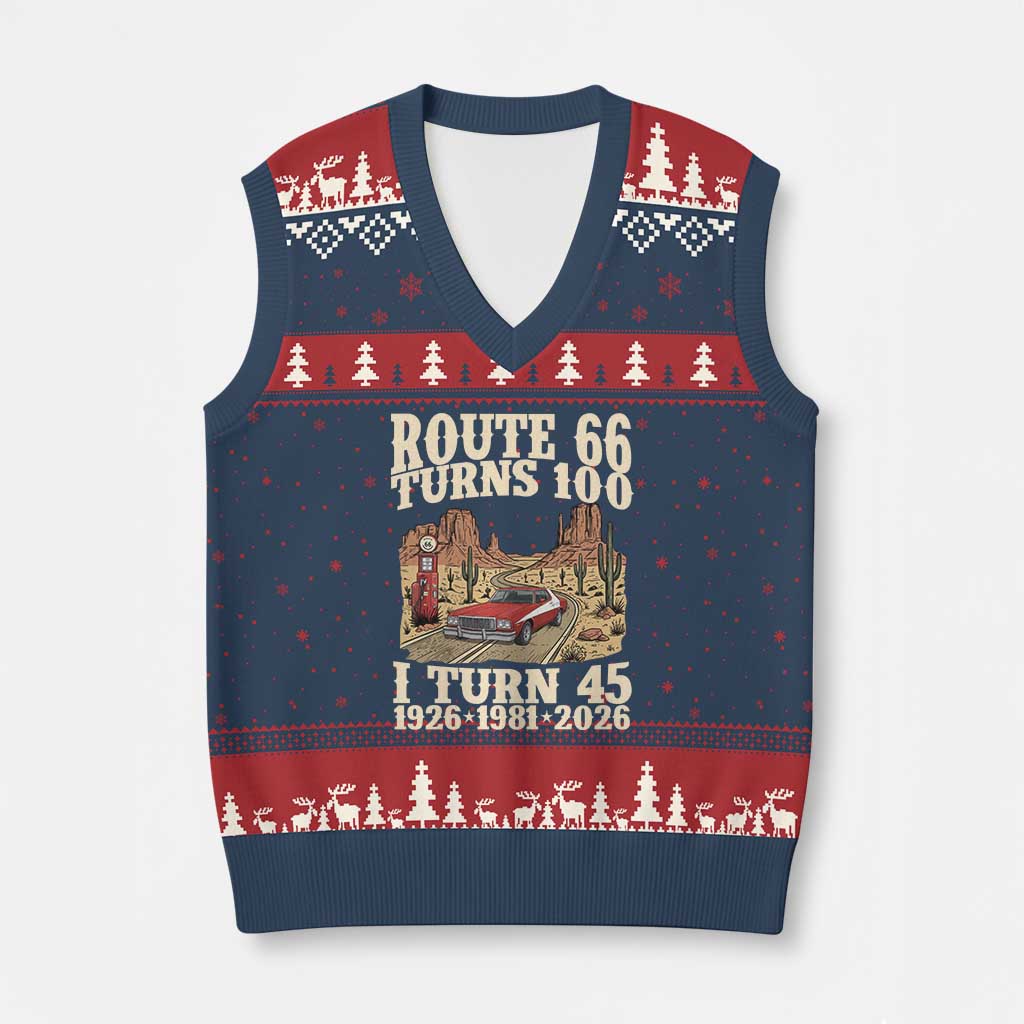 Route Highway 66 Turns 100 I Turn 45 V-Neck Knit Sweater Vest Vintage 1981 Road Sign American Muscle Car Lover 45th Birthday Gift