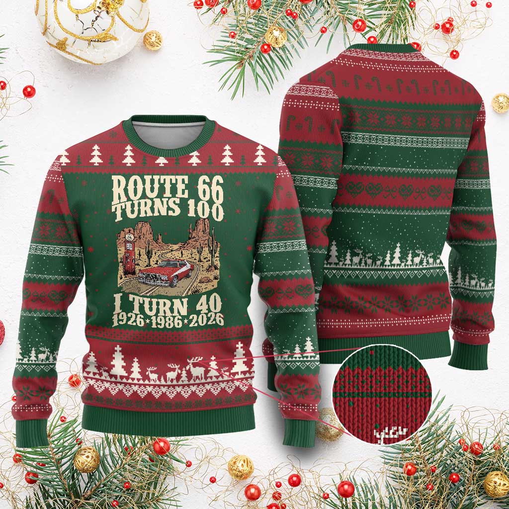 Route Highway 66 Turns 100 I Turn 40 Ugly Christmas Sweater Vintage 1986 Road Sign American Muscle Car Lover 40th Birthday Gift