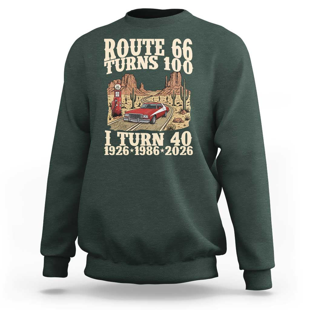 Route Highway 66 Turns 100 I Turn 40 Sweatshirt Vintage 1986 Road Sign American Muscle Car Lover 40th Birthday Gift