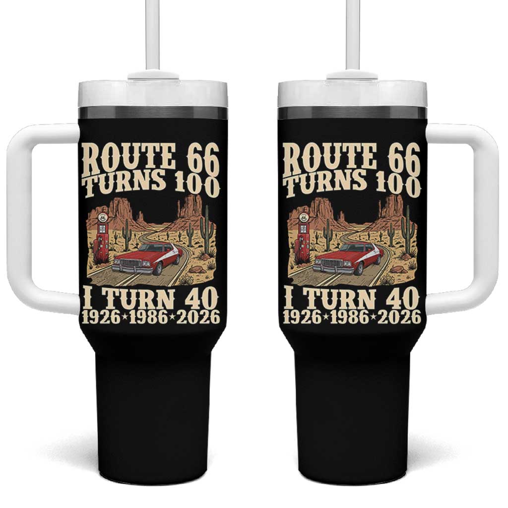 Route Highway 66 Turns 100 I Turn 40 Tumbler With Handle Vintage 1986 Road Sign American Muscle Car Lover 40th Birthday Gift