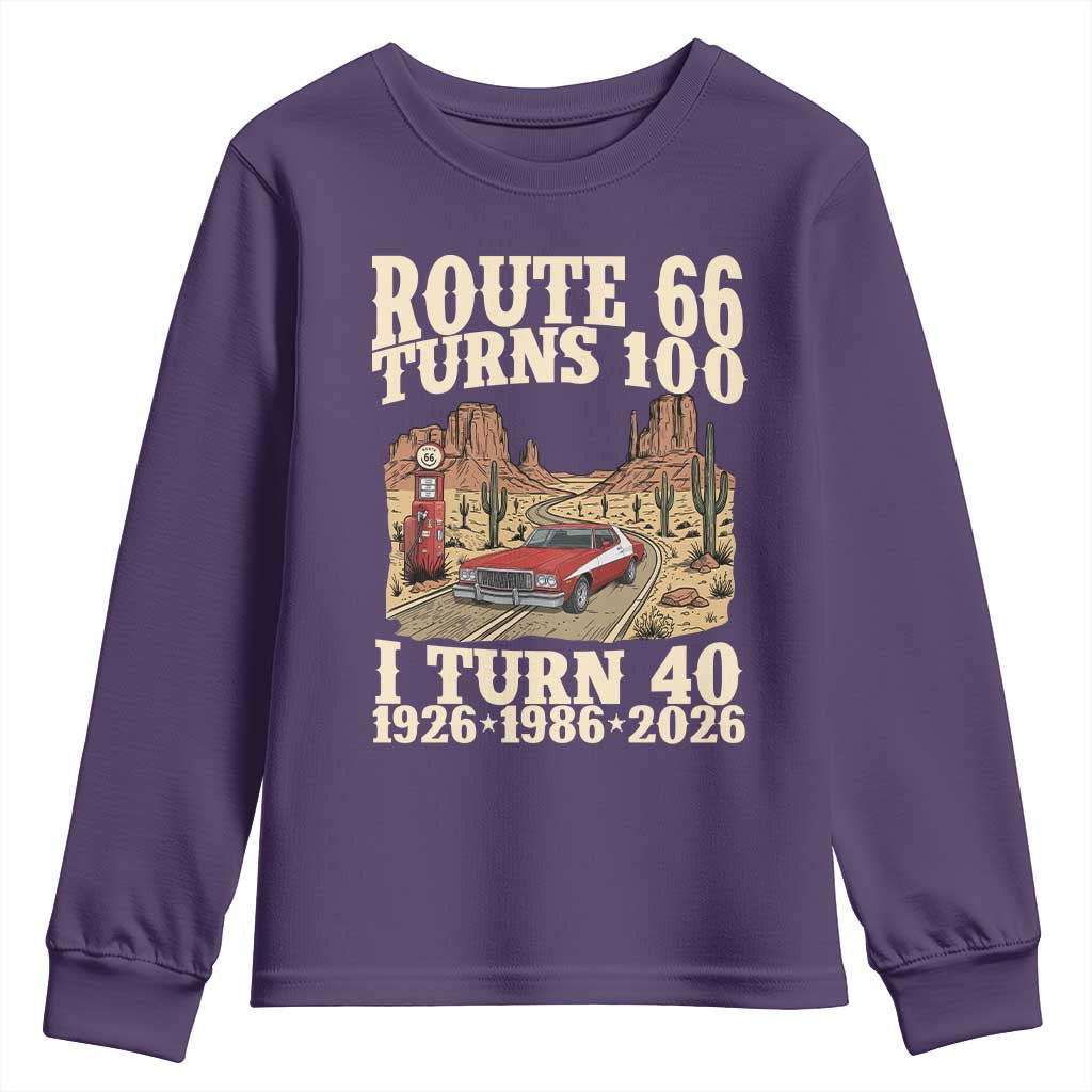 Route Highway 66 Turns 100 I Turn 40 Youth Sweatshirt Vintage 1986 Road Sign American Muscle Car Lover 40th Birthday Gift