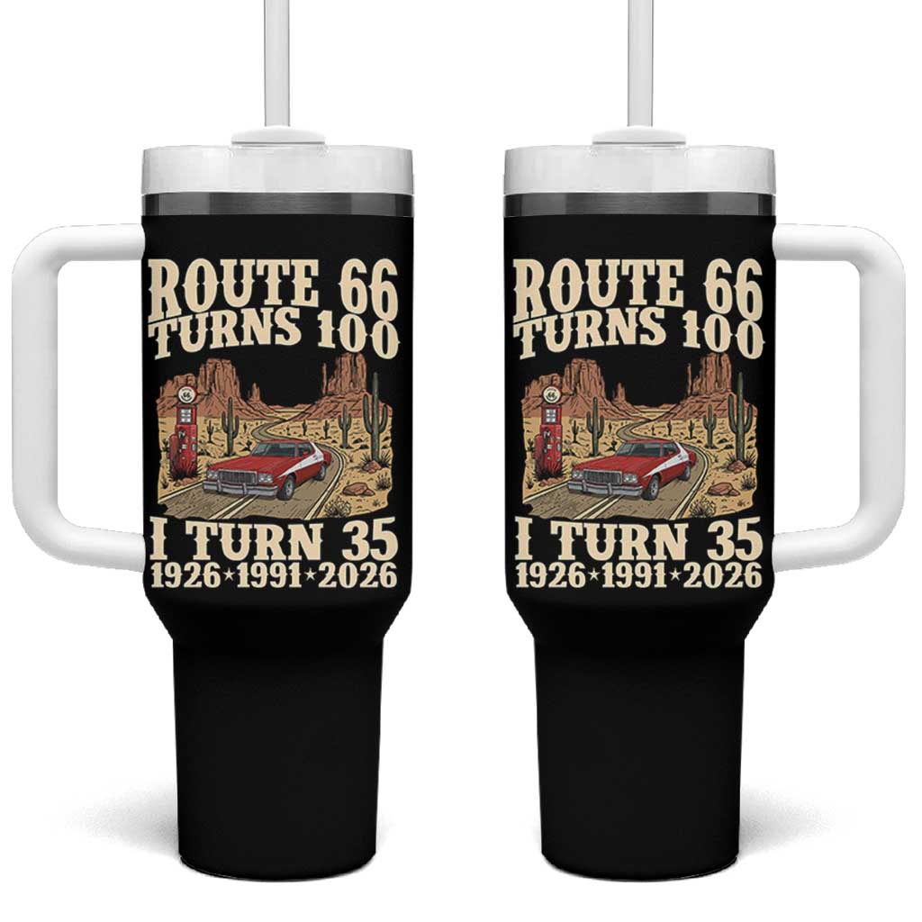 Route Highway 66 Turns 100 I Turn 35 Tumbler With Handle Vintage 1991 Road Sign American Muscle Car Lover 35th Birthday Gift