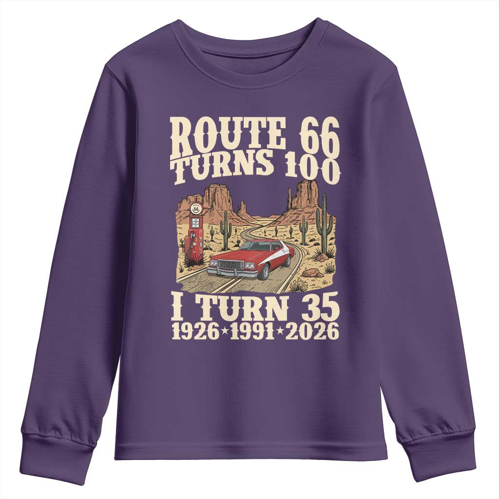 Route Highway 66 Turns 100 I Turn 35 Youth Sweatshirt Vintage 1991 Road Sign American Muscle Car Lover 35th Birthday Gift