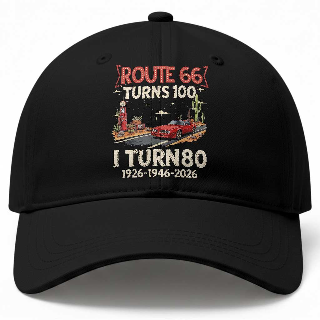 Route Highway 66 Turns 100 I Turn 80 Baseball Cap Vintage 1946 Road Sign Classic Muscle Car Lover 80th Birthday Gift