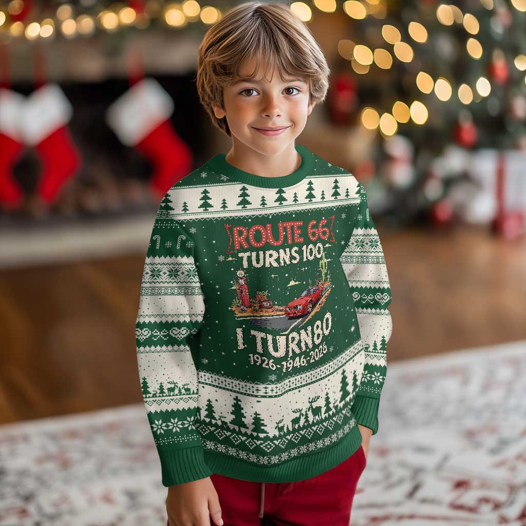 Route Highway 66 Turns 100 I Turn 80 Ugly Christmas Sweater Vintage 1946 Road Sign Classic Muscle Car Lover 80th Birthday Gift