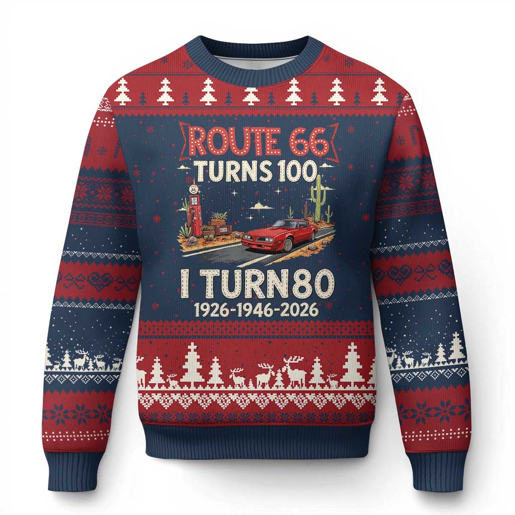 Route Highway 66 Turns 100 I Turn 80 Ugly Christmas Sweater Vintage 1946 Road Sign Classic Muscle Car Lover 80th Birthday Gift