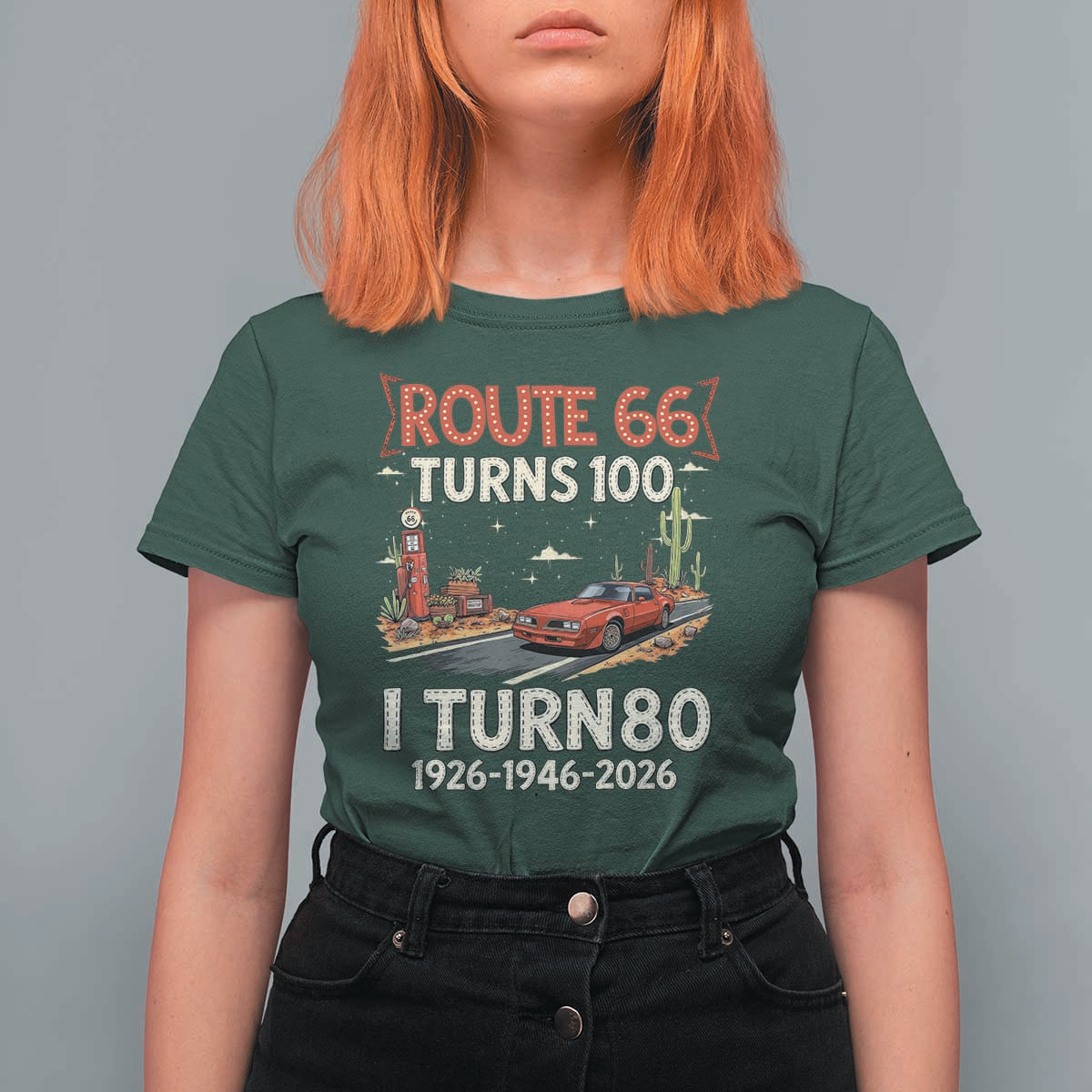Route Highway 66 Turns 100 I Turn 80 T Shirt For Women Vintage 1946 Road Sign Classic Muscle Car Lover 80th Birthday Gift
