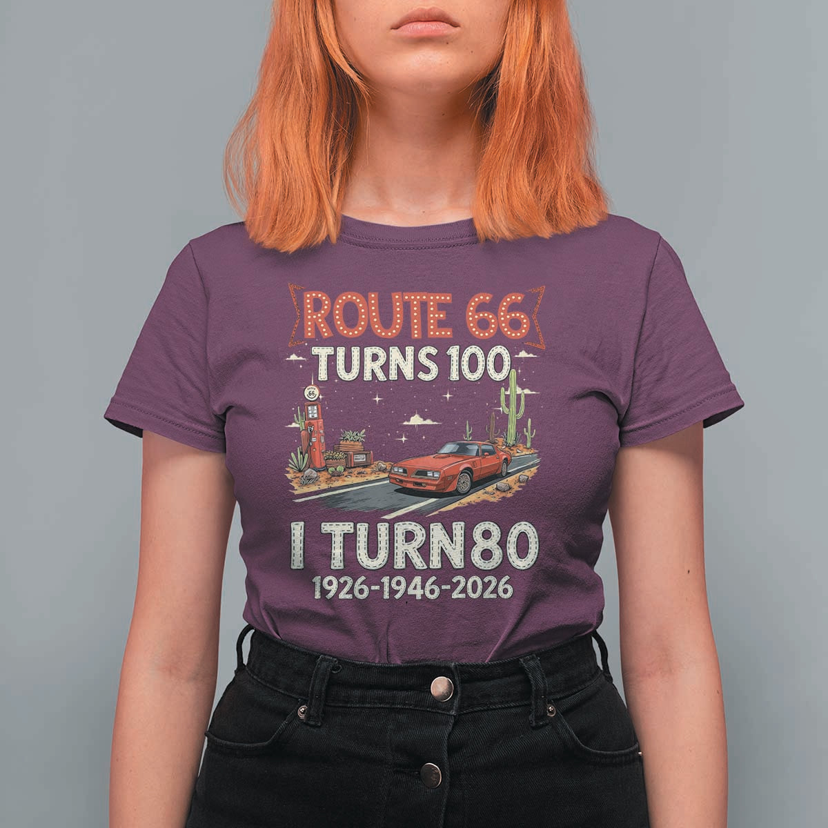 Route Highway 66 Turns 100 I Turn 80 T Shirt For Women Vintage 1946 Road Sign Classic Muscle Car Lover 80th Birthday Gift