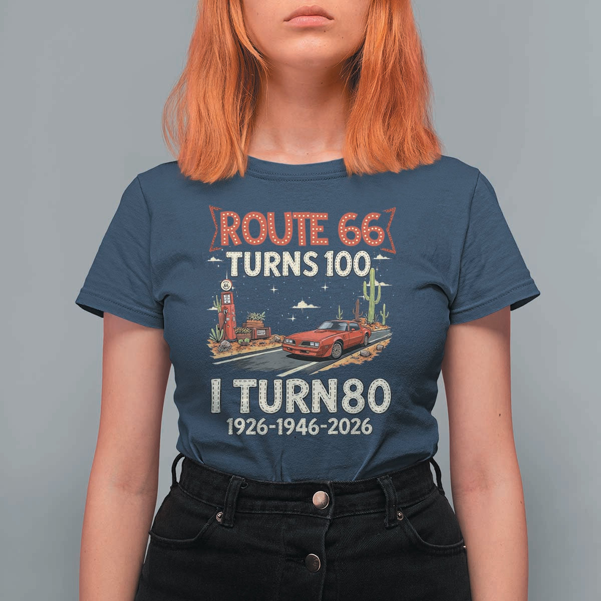 Route Highway 66 Turns 100 I Turn 80 T Shirt For Women Vintage 1946 Road Sign Classic Muscle Car Lover 80th Birthday Gift