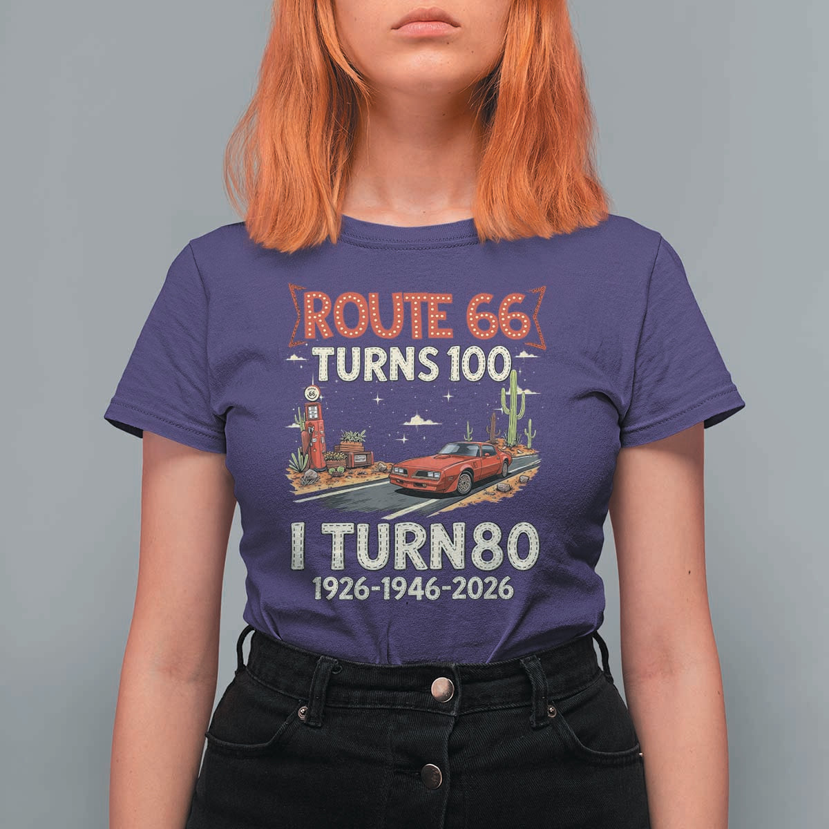 Route Highway 66 Turns 100 I Turn 80 T Shirt For Women Vintage 1946 Road Sign Classic Muscle Car Lover 80th Birthday Gift