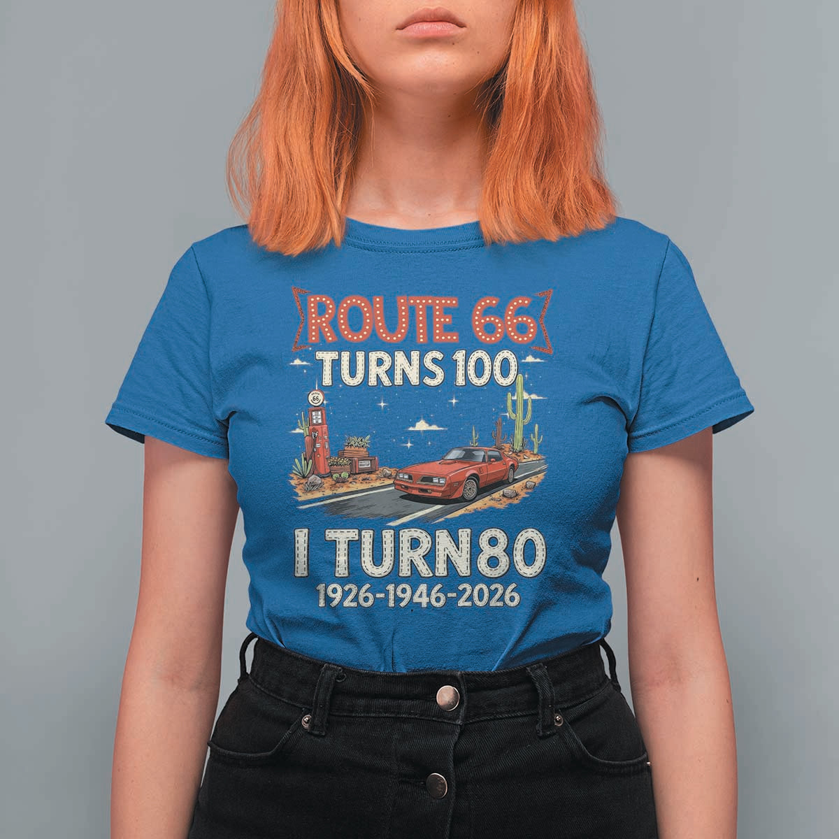 Route Highway 66 Turns 100 I Turn 80 T Shirt For Women Vintage 1946 Road Sign Classic Muscle Car Lover 80th Birthday Gift