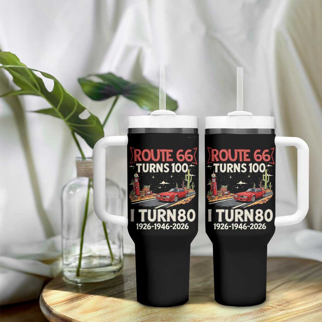 Route Highway 66 Turns 100 I Turn 80 Tumbler With Handle Vintage 1946 Road Sign Classic Muscle Car Lover 80th Birthday Gift