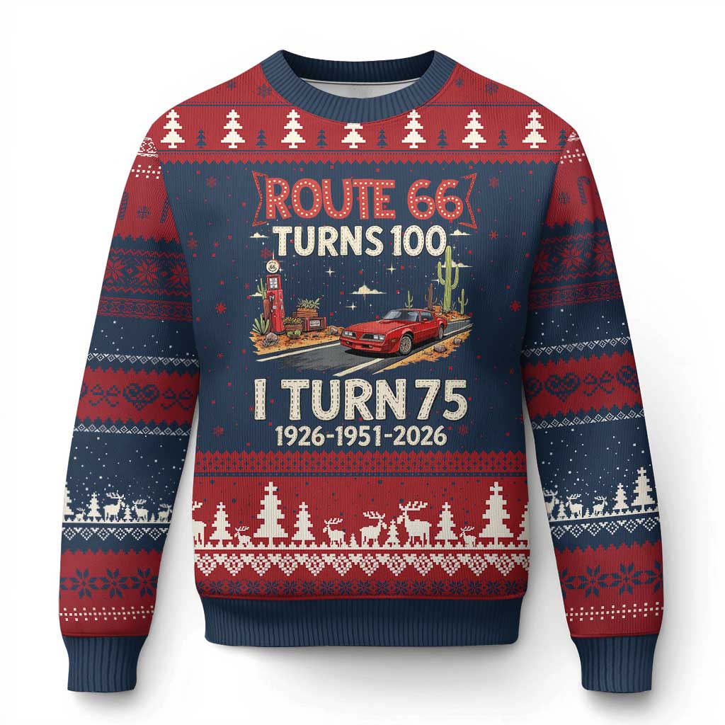 Route Highway 66 Turns 100 I Turn 75 Ugly Christmas Sweater Vintage 1951 Road Sign Classic Muscle Car Lover 75th Birthday Gift