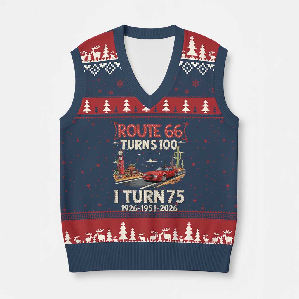 Route Highway 66 Turns 100 I Turn 75 V-Neck Knit Sweater Vest Vintage 1951 Road Sign Classic Muscle Car Lover 75th Birthday Gift