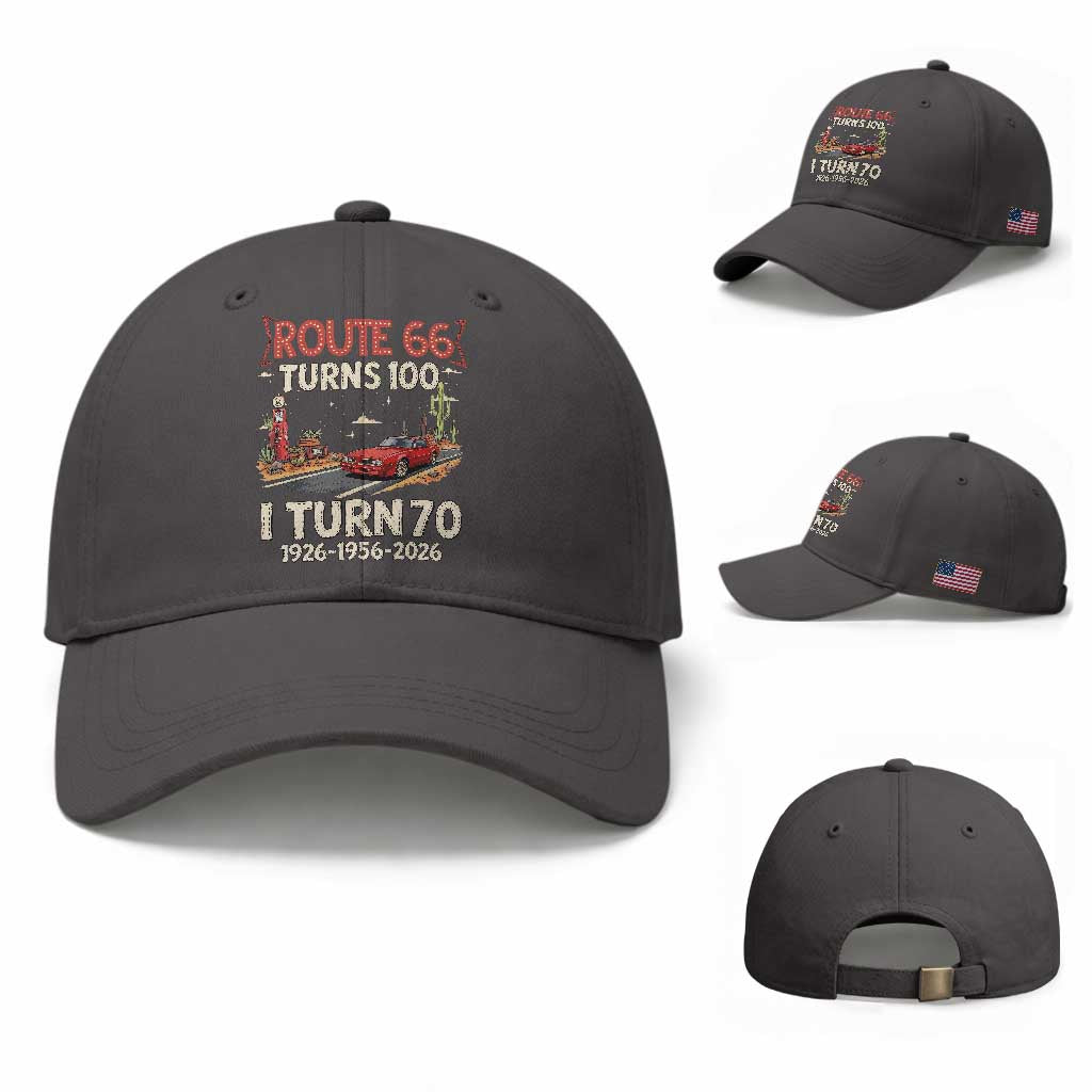 Route Highway 66 Turns 100 I Turn 70 Baseball Cap Vintage 1956 Road Sign Classic Muscle Car Lover 70th Birthday Gift