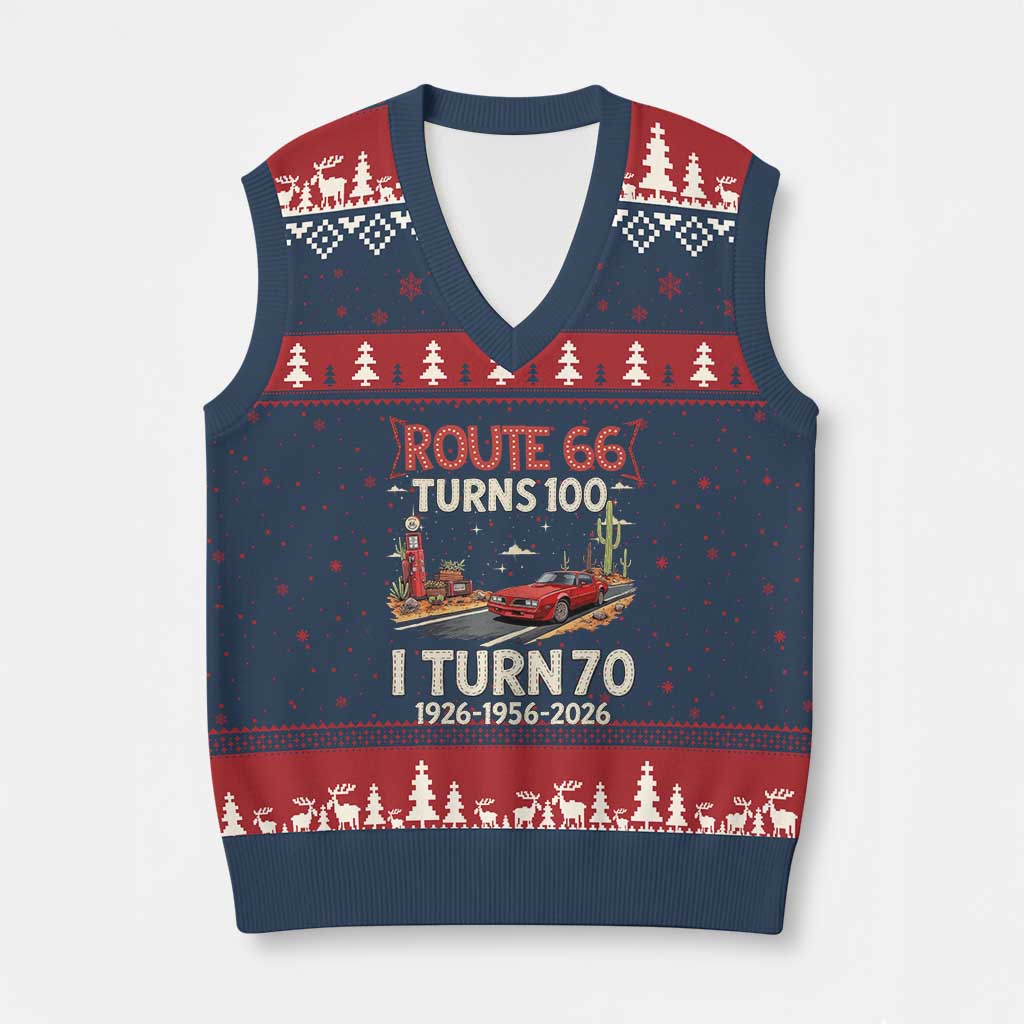 Route Highway 66 Turns 100 I Turn 70 V-Neck Knit Sweater Vest Vintage 1956 Road Sign Classic Muscle Car Lover 70th Birthday Gift