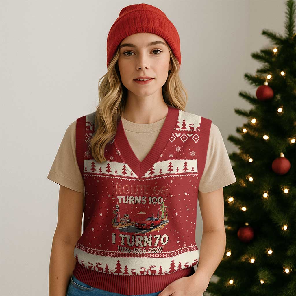 Route Highway 66 Turns 100 I Turn 70 V-Neck Knit Sweater Vest Vintage 1956 Road Sign Classic Muscle Car Lover 70th Birthday Gift