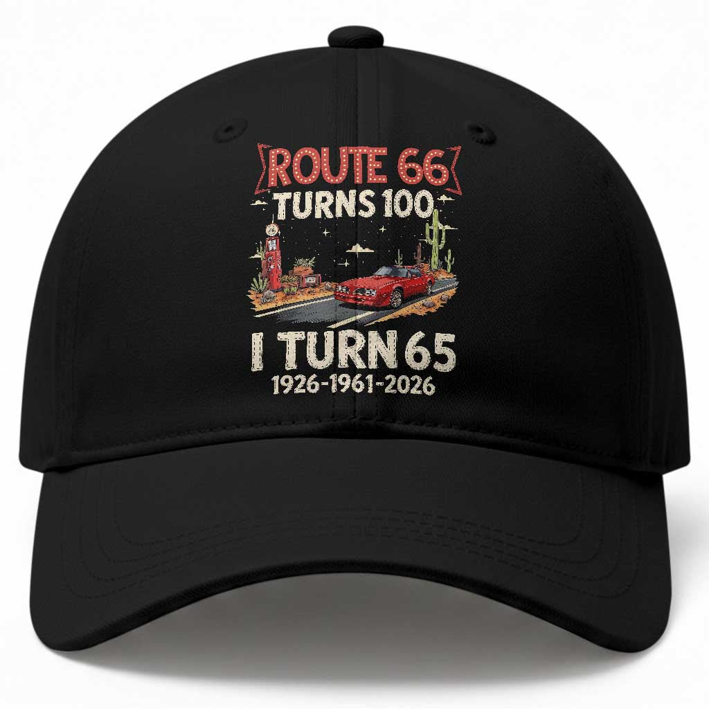 Route Highway 66 Turns 100 I Turn 65 Baseball Cap Vintage 1961 Road Sign Classic Muscle Car Lover 65th Birthday Gift
