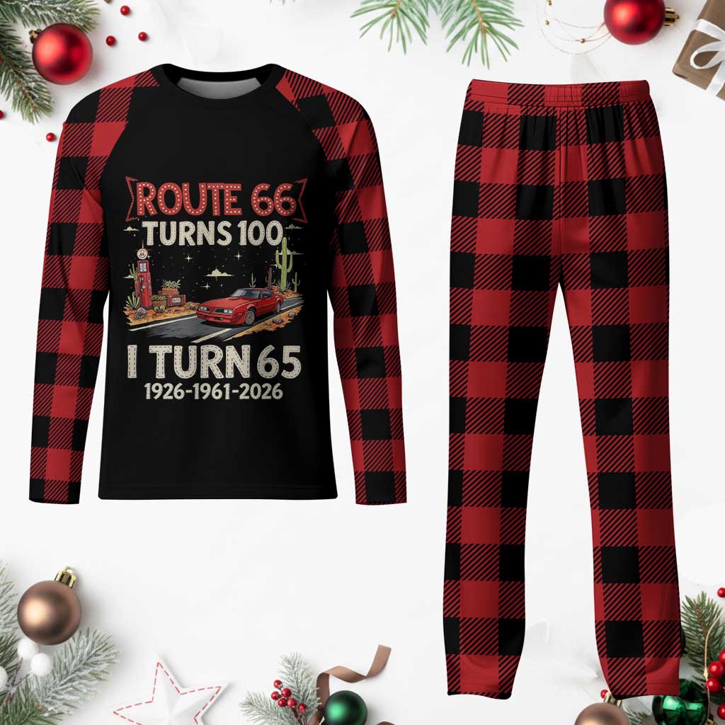Route Highway 66 Turns 100 I Turn 65 Plaid Pajama Set Vintage 1961 Road Sign Classic Muscle Car Lover 65th Birthday Gift