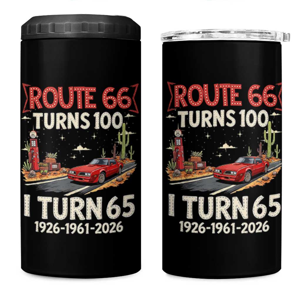 Route Highway 66 Turns 100 I Turn 65 4 in 1 Can Cooler Tumbler Vintage 1961 Road Sign Classic Muscle Car Lover 65th Birthday Gift
