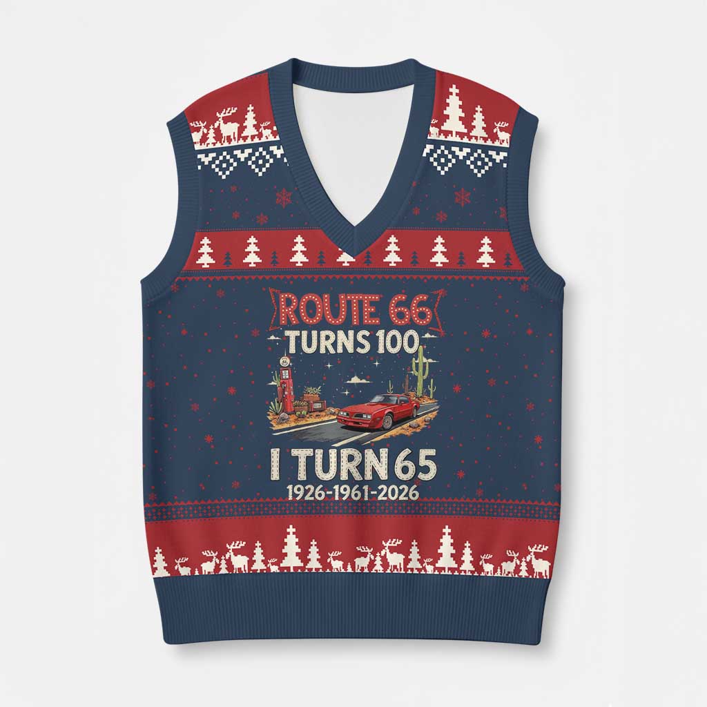 Route Highway 66 Turns 100 I Turn 65 V-Neck Knit Sweater Vest Vintage 1961 Road Sign Classic Muscle Car Lover 65th Birthday Gift
