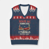 Route Highway 66 Turns 100 I Turn 65 V-Neck Knit Sweater Vest Vintage 1961 Road Sign Classic Muscle Car Lover 65th Birthday Gift