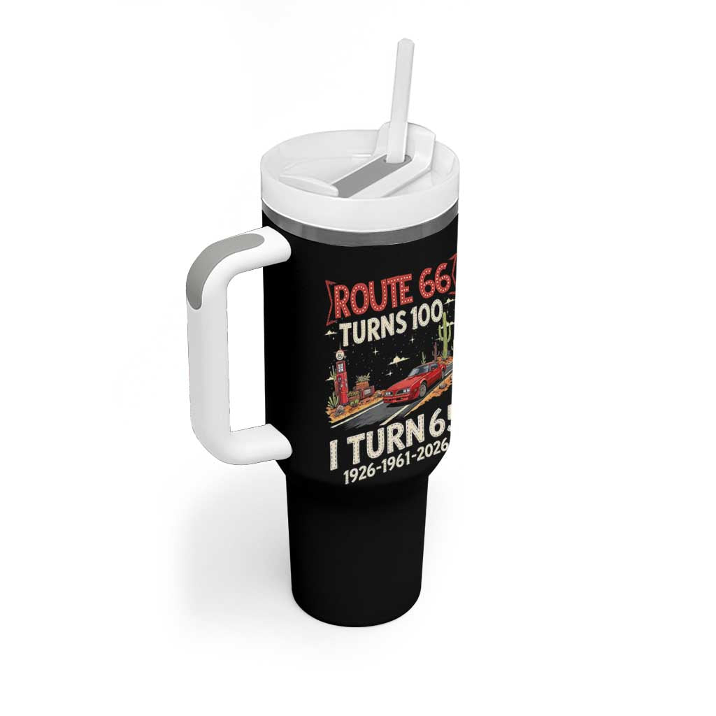 Route Highway 66 Turns 100 I Turn 65 Tumbler With Handle Vintage 1961 Road Sign Classic Muscle Car Lover 65th Birthday Gift