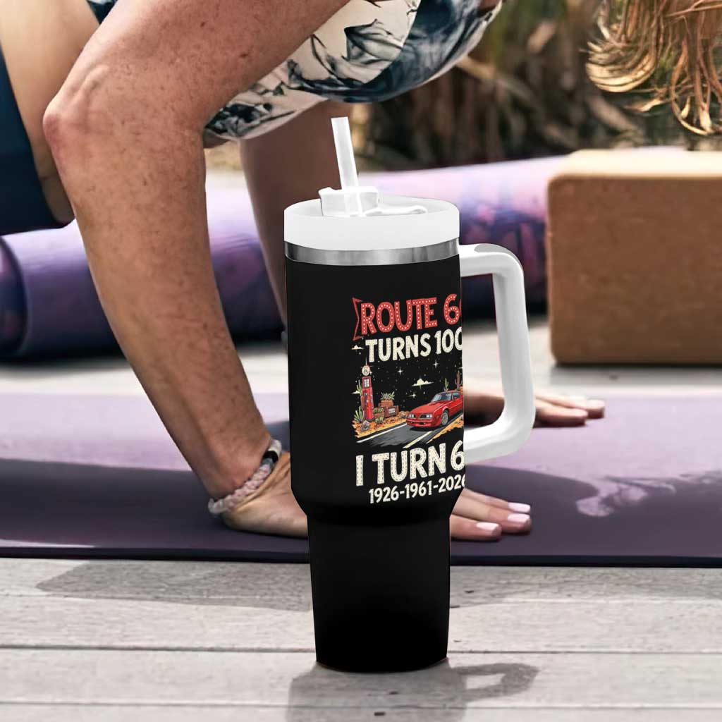 Route Highway 66 Turns 100 I Turn 65 Tumbler With Handle Vintage 1961 Road Sign Classic Muscle Car Lover 65th Birthday Gift