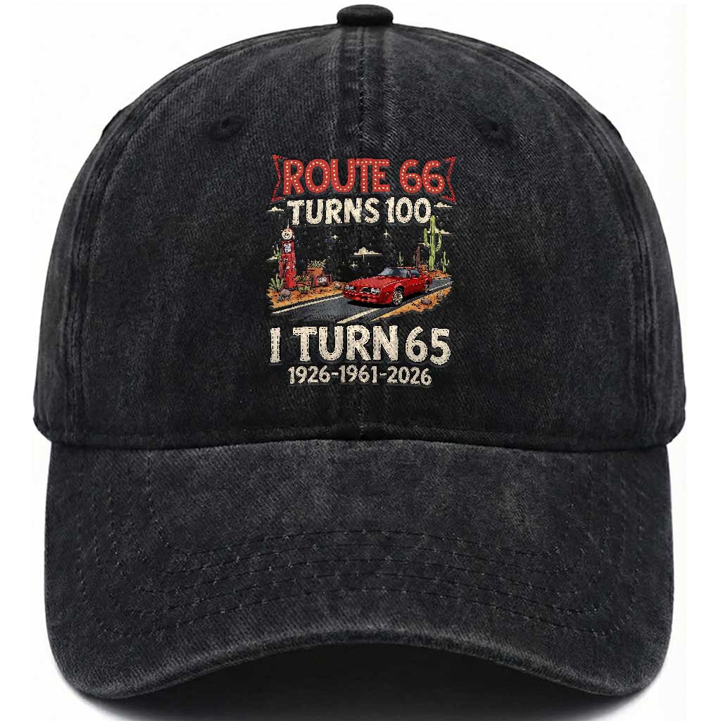 Route Highway 66 Turns 100 I Turn 65 Washed Cotton Baseball Cap Vintage 1961 Road Sign Classic Muscle Car Lover 65th Birthday Gift