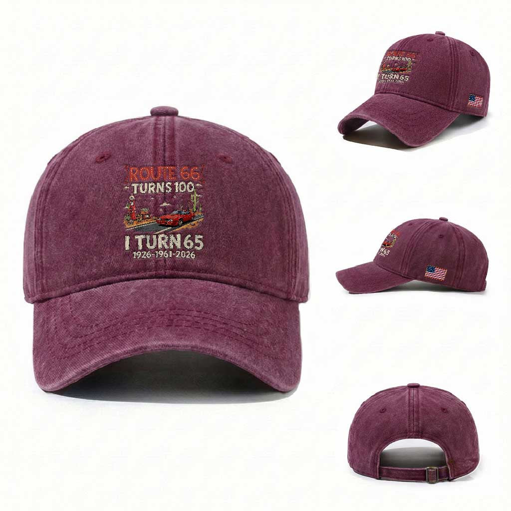 Route Highway 66 Turns 100 I Turn 65 Washed Cotton Baseball Cap Vintage 1961 Road Sign Classic Muscle Car Lover 65th Birthday Gift