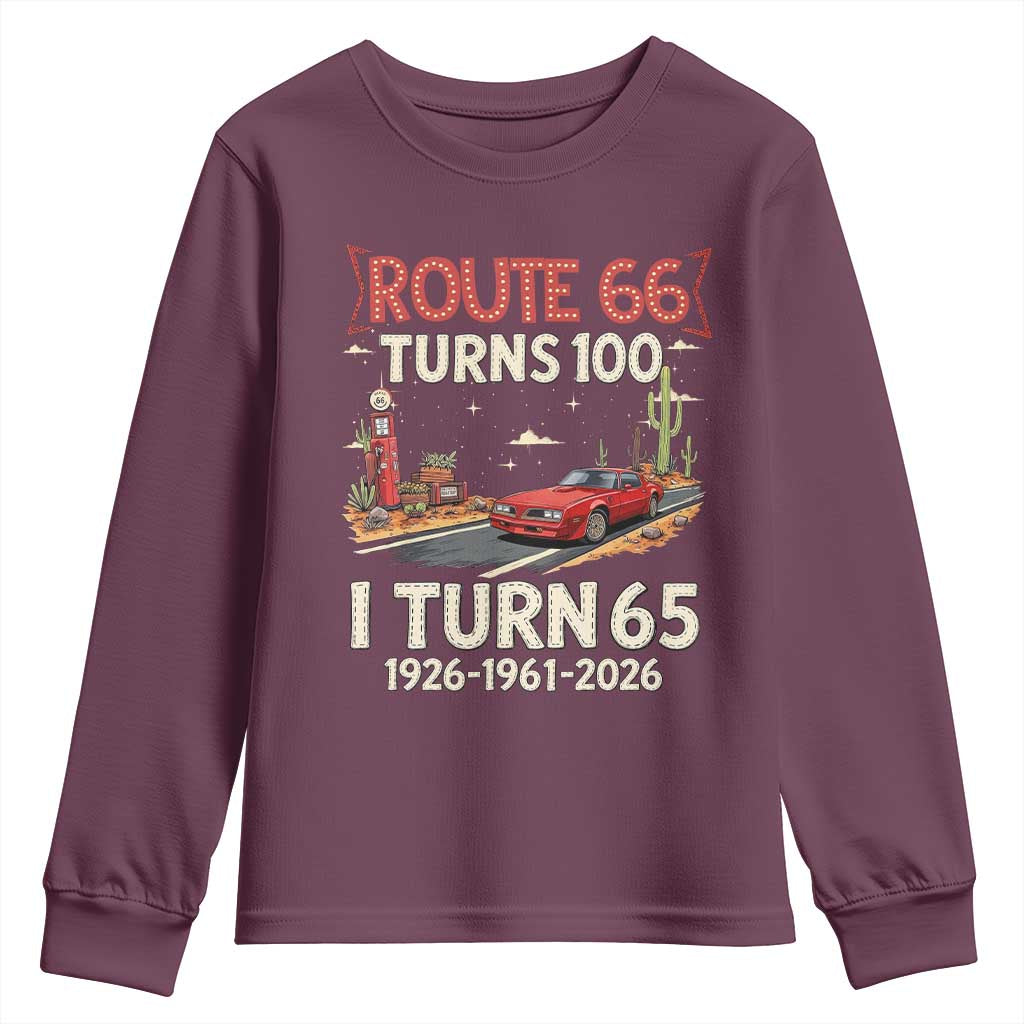 Route Highway 66 Turns 100 I Turn 65 Youth Sweatshirt Vintage 1961 Road Sign Classic Muscle Car Lover 65th Birthday Gift