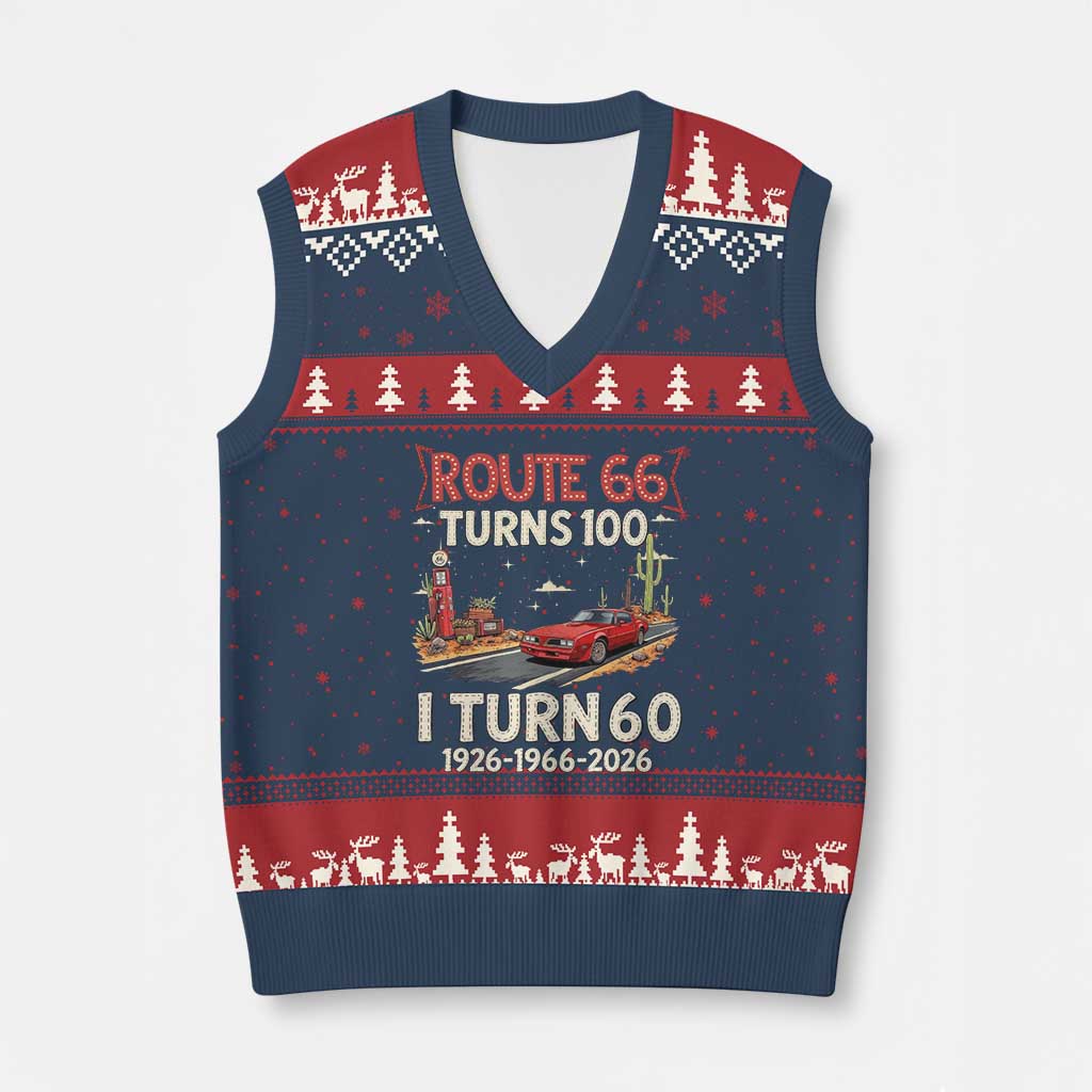 Route Highway 66 Turns 100 I Turn 60 V-Neck Knit Sweater Vest Vintage 1966 Road Sign Classic Muscle Car Lover 60th Birthday Gift