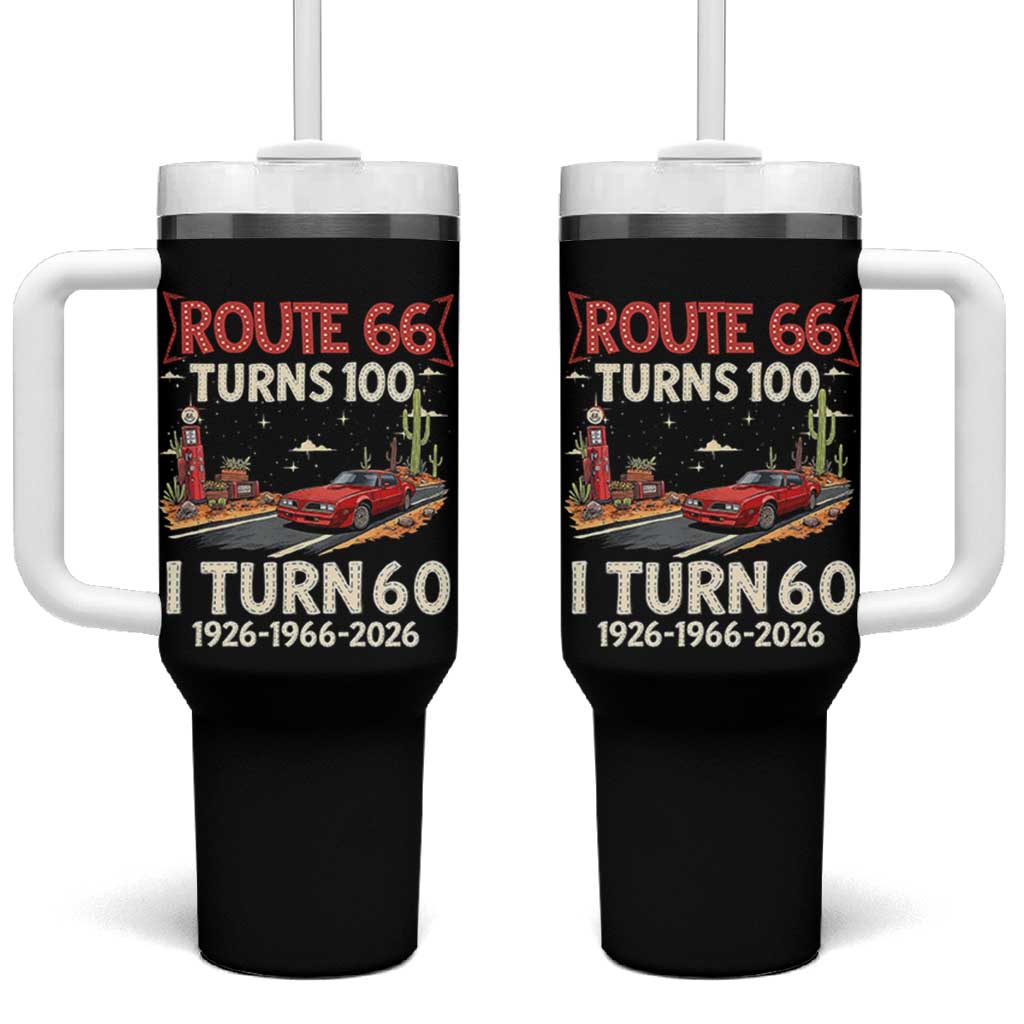 Route Highway 66 Turns 100 I Turn 60 Tumbler With Handle Vintage 1966 Road Sign Classic Muscle Car Lover 60th Birthday Gift