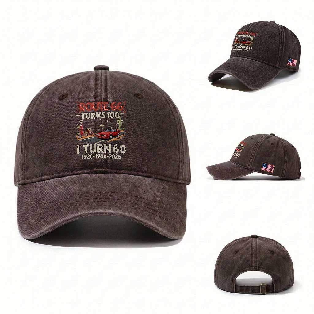 Route Highway 66 Turns 100 I Turn 60 Washed Cotton Baseball Cap Vintage 1966 Road Sign Classic Muscle Car Lover 60th Birthday Gift