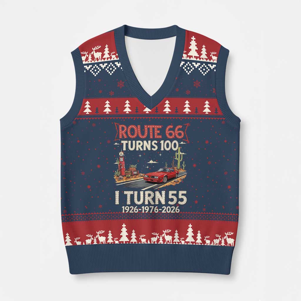 Route Highway 66 Turns 100 I Turn 55 V-Neck Knit Sweater Vest Vintage 1971 Road Sign Classic Muscle Car Lover 55th Birthday Gift