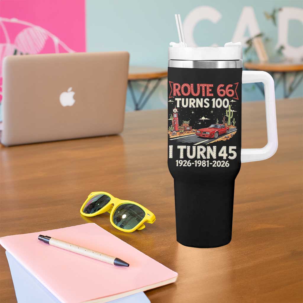 Route Highway 66 Turns 100 I Turn 45 Tumbler With Handle Vintage 1981 Road Sign Classic Muscle Car Lover 45th Birthday Gift