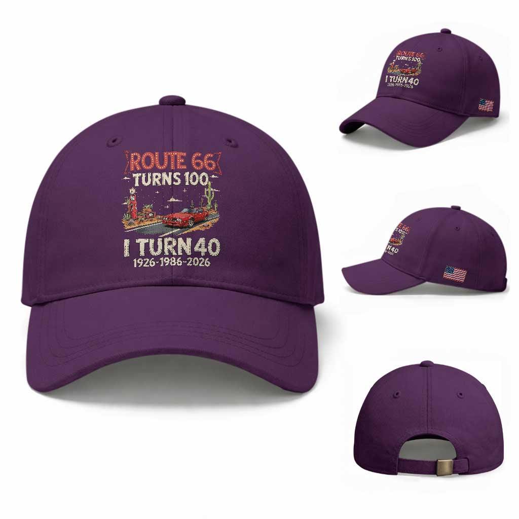 Route Highway 66 Turns 100 I Turn 40 Baseball Cap Vintage 1986 Road Sign Classic Muscle Car Lover 40th Birthday Gift