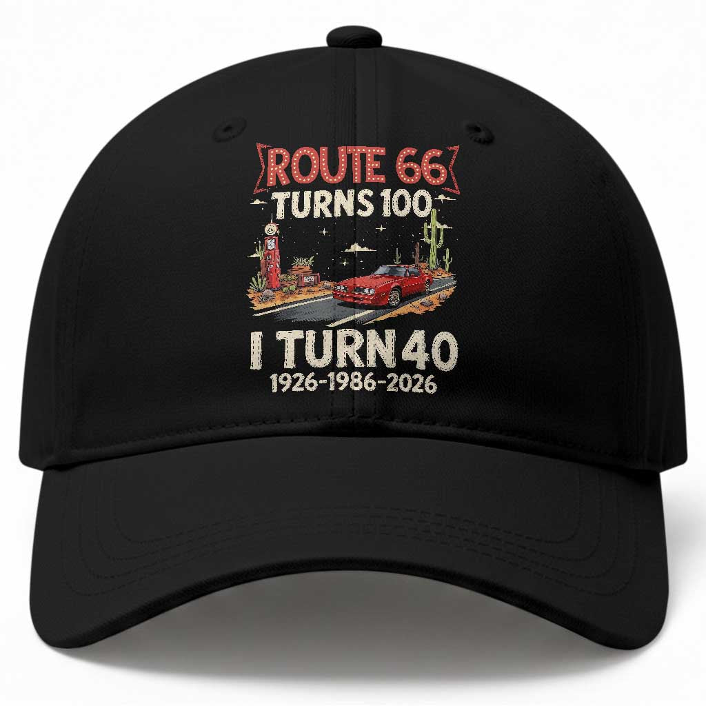 Route Highway 66 Turns 100 I Turn 40 Baseball Cap Vintage 1986 Road Sign Classic Muscle Car Lover 40th Birthday Gift