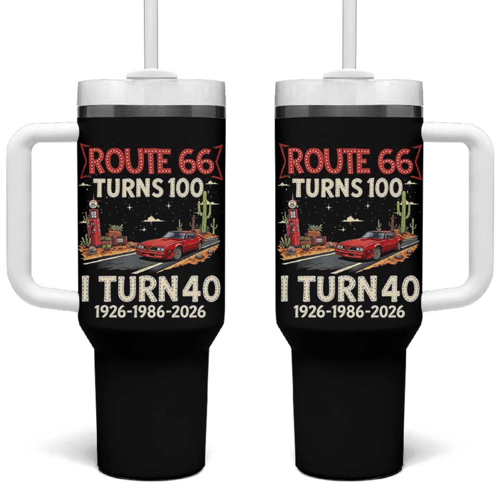 Route Highway 66 Turns 100 I Turn 40 Tumbler With Handle Vintage 1986 Road Sign Classic Muscle Car Lover 40th Birthday Gift