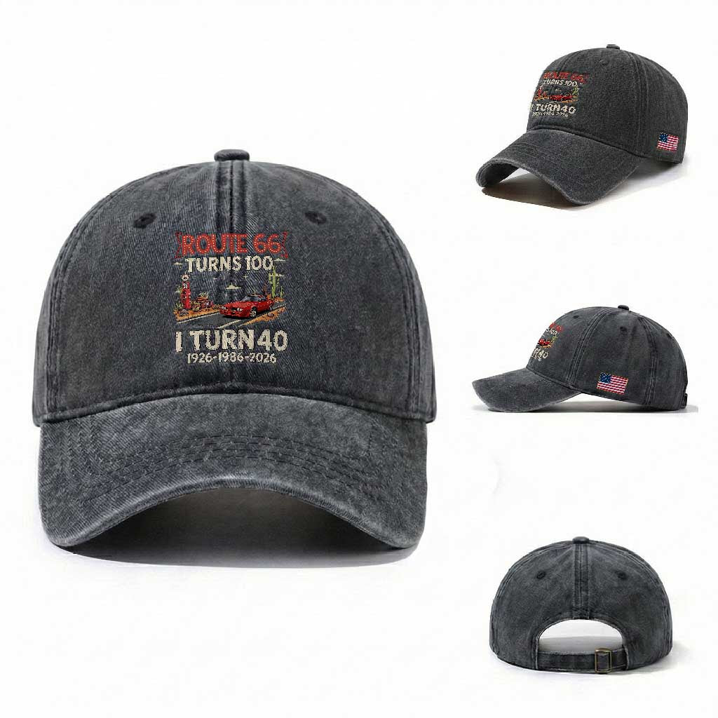Route Highway 66 Turns 100 I Turn 40 Washed Cotton Baseball Cap Vintage 1986 Road Sign Classic Muscle Car Lover 40th Birthday Gift
