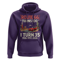 Route Highway 66 Turns 100 I Turn 35 Hoodie Vintage 1991 Road Sign Classic Muscle Car Lover 35th Birthday Gift