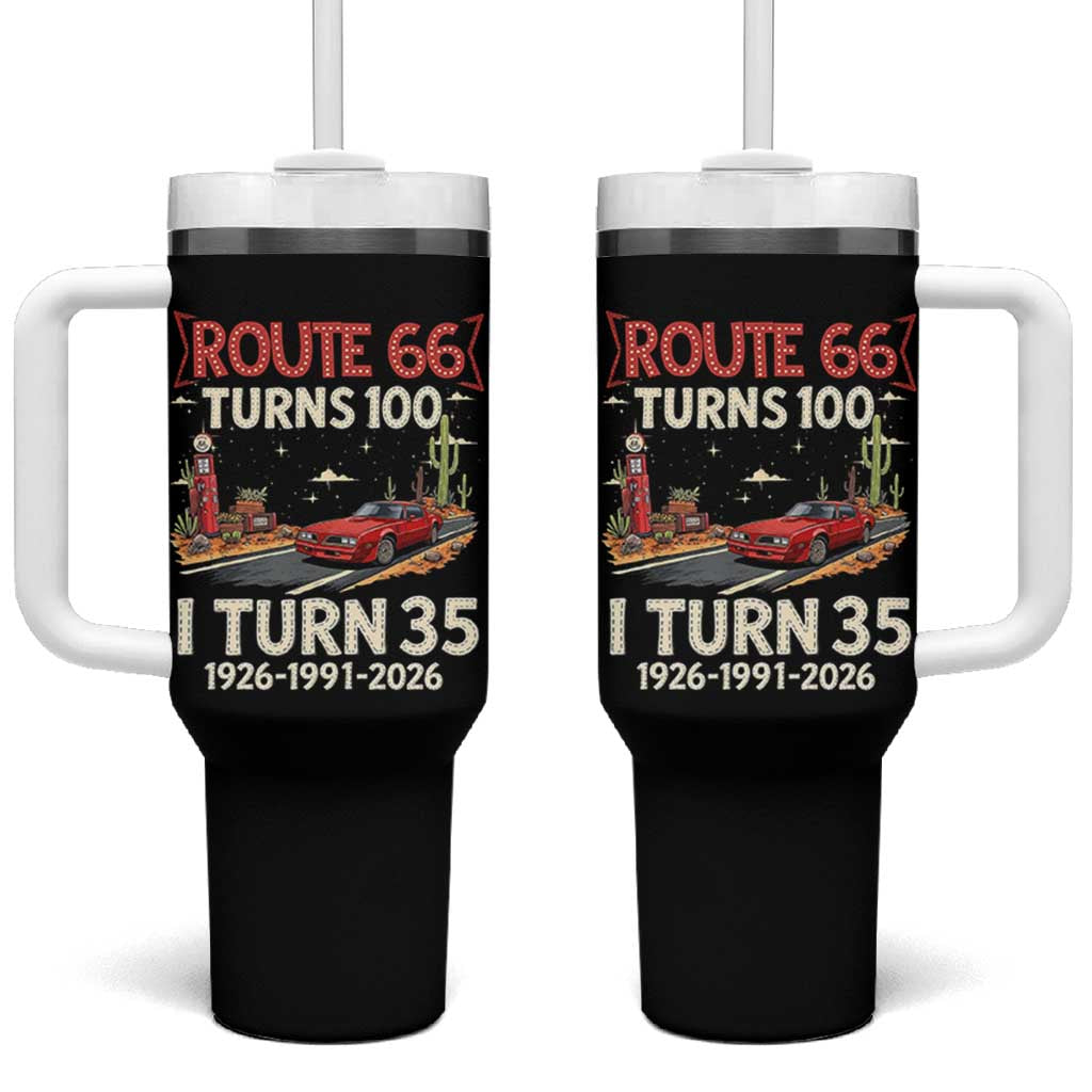 Route Highway 66 Turns 100 I Turn 35 Tumbler With Handle Vintage 1991 Road Sign Classic Muscle Car Lover 35th Birthday Gift