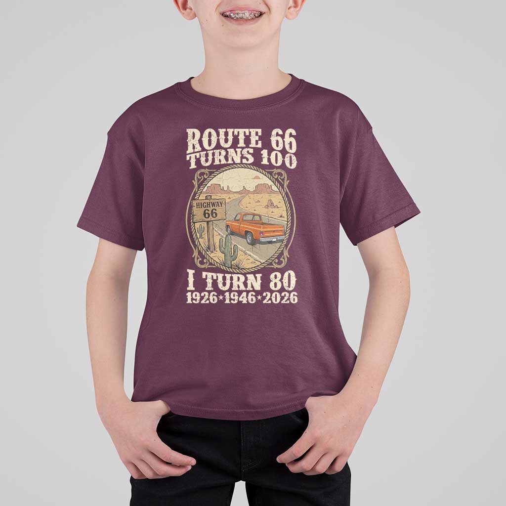 Route Highway 66 Turns 100 I Turn 80 T Shirt For Kid Vintage 1946 Road Sign Classic Pickup Truck Lover 80th Birthday Gift