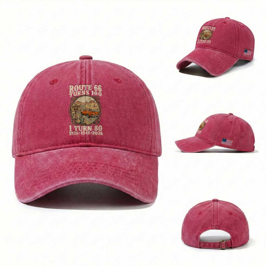 Route Highway 66 Turns 100 I Turn 80 Washed Cotton Baseball Cap Vintage 1946 Road Sign Classic Pickup Truck Lover 80th Birthday Gift